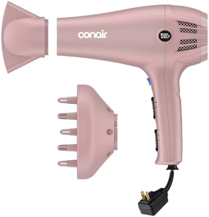Conair Hair Dryer with Retractable Cord, 1875W Blow Dryer, 3 Heat Settings, 2 Speeds, Blow Dryer with Diffuser and Concentrator Attachments, Ionic + Tourmaline Technology, Matte Light Pink