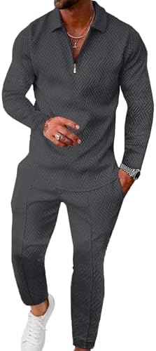 UOUA Mens 2 Piece Set Casual Outfits Polo Long Sleeve Shirt & Pants Tracksuit Loungewear Athletic Jogger Sweatsuit