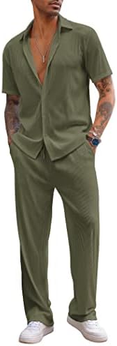 COOFANDY Men's 2 Piece Outfit Casual Short Sleeve Button Down Shirt Beach Summer Loose Pant Sets