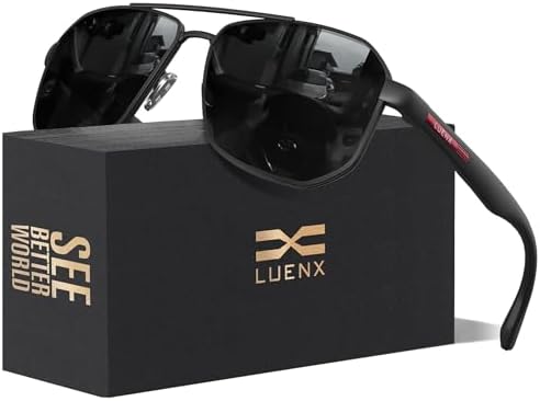 LUENX Aviator Sunglasses for Men Square Polarized Polygon Lens - UV 400 Protection with Accessories Driving Outdoor