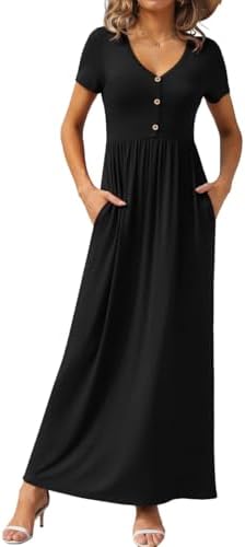 GRECERELLE Womens Summer Long Maxi Dresses 2026 Short Sleeve V Neck Casual Button Dress with Pockets
