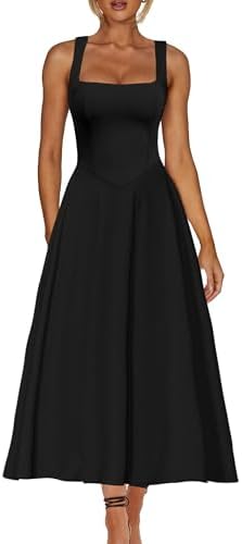 Kaximil Women's Square Neck Sleeveless A Line Maxi Dress Smocked Ruffle Flowy Casual Long Dresses