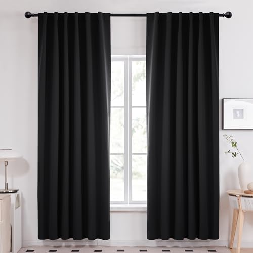 Deconovo Blackout Curtains 84 Inches Long, Black Blackout Curtains for Bedroom - 2 Panels, 52x84 Inch, Room Darkening Curtains for Living Room, Back Tab and Rod Pocket Black Curtains