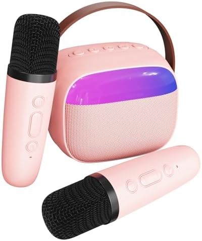 Mini Karaoke Machine with 2 Wireless Microphones, TOP Kids Portable Karaoke Machine for 3, 4, 5, 6, 7, 8, 9,10,11,12+Years Old, Best Birthday Christmas Toy Gift for Girls Boys Party(Pink)