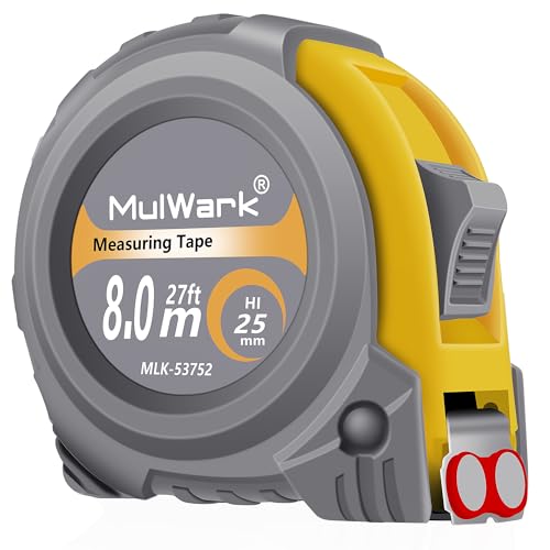 MulWark 25ft Metric Tape Measure, Easy Read Measuring Tape Retractable with Fractions 1/8, Both-Side Metal Blade, Magnetic Hook & Shockproof Case for Construction, Carpenter, Architect, Woodworking