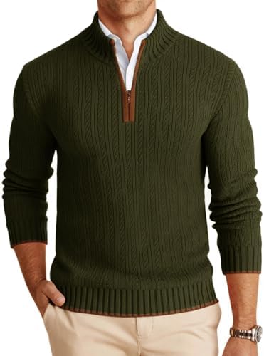 Runcati Mens Quarter-Zip Pullover Sweater Casual Mock Neck Knitted Winter Warm Ribbed Polo Sweaters