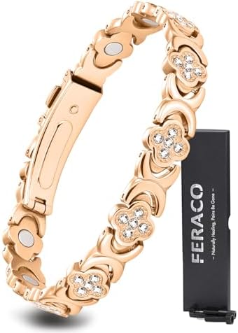 Feraco Pure Copper Bracelets for Women, Ultra Strength Magnetic Therapy Bracelet for Pain Relief with Neodymium Magnets & Sparkling Cubic Zirconia, Adjustable, Infinite Clover Jewelry