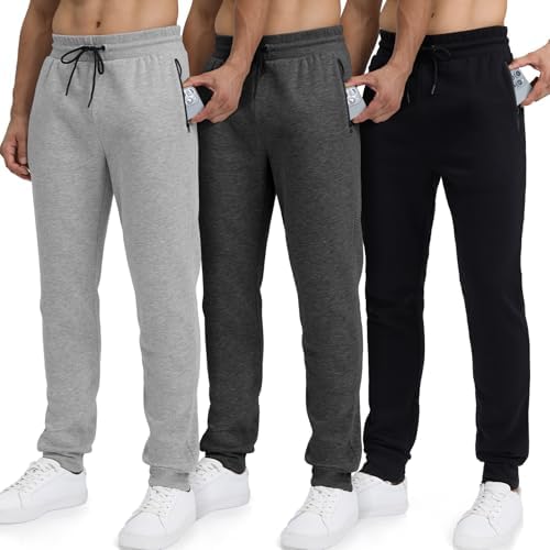 Sweatpants for Men Fleece 3 Pack Joggers Gym Workout Athletic Track Mens Sweat Pants Cotton with Zipper Pockets