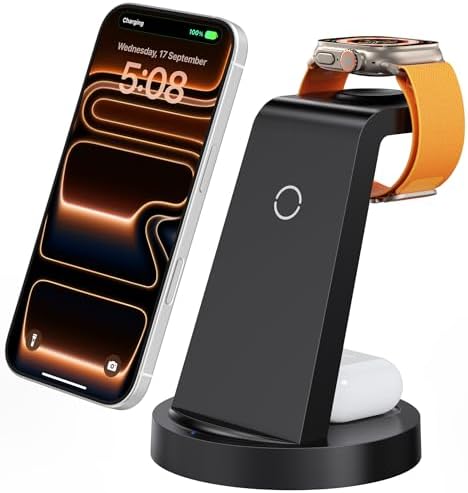 Anlmz 3 in 1 Charging Station for iPhone, Wireless Charger for iPhone 17 16e 16 15 14 13 12 11 X Pro Max & Apple Watch - Wireless Charging Station for AirPods 4 3 Pro