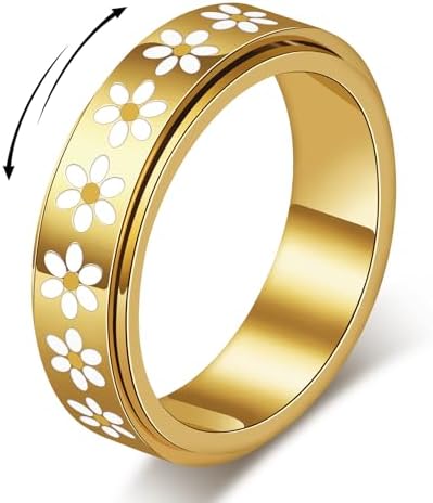 Daisy Fidget Ring for Anxiety Relief - 18K Gold Plated Spinner Band for Stress Relief,Stainless Steel Statement Flower Ring for Women,Thoughtful Gift for Birthday Valentine's Day,Size 6-10