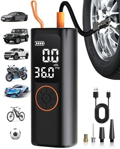 Tire Inflator Portable Air Compressor - 4X Faster Inflation Cordless Mini Air Pump with Digital Pressure Gauge with Digital Pressure Gauge/LED Light Portable Tire Inflator for Car/Moto/Bike/Ball etc.
