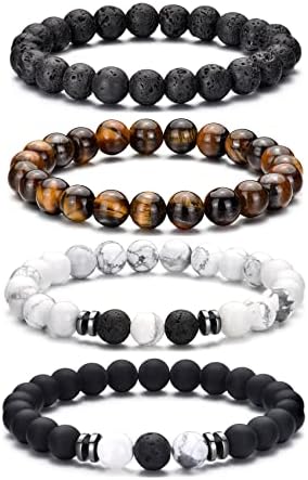 RANKEEF Tiger Eye Bracelet For Men 8MM Natural Stone Stretch Adjustable Black Crystal Beaded Bracelet for Men Women Gifts