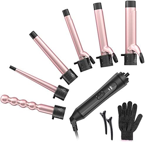 6-in-1 Curling Iron, Professional Instant Heat Up Hair Curling Wand Set with 6 Interchangeable Ceramic Barrels (0.35'' to 1.25'') and 2 Temperature Adjustments, Heat Protective Glove & 2 Clips