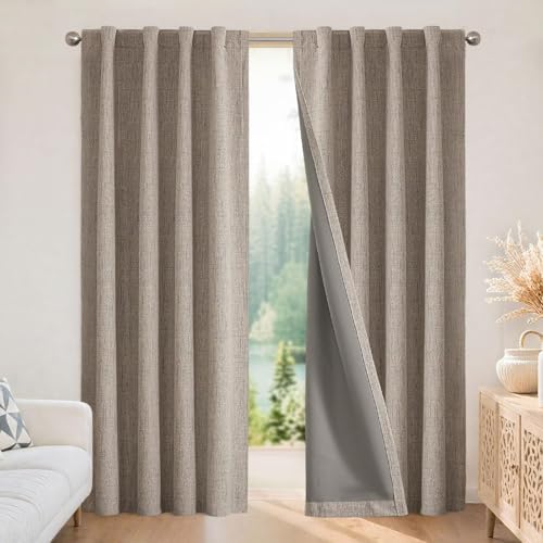 Joydeco Blackout Curtains for Bedroom - Nature Linen 84 Inch Long 100% Light Blocking 2 Panels Set, Rod Pocket & Back Tabs Living Room Drapes, Thermal Insulated Room Darkening Window Curtains