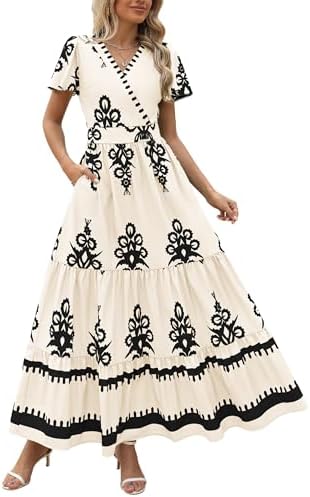 PRETTYGARDEN Womens 2026 Summer Casual V Neck Boho Maxi Dress Flowy Aline Bell Sleeve Tiered Floral Dresses with Pocket