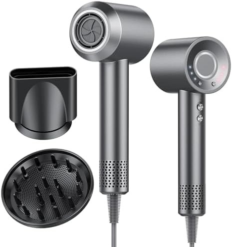 aowoka Hair Dryer, 160000 RPM Professional High Speed Ionic Blow Dryer 500 Million Negative Ions & Heat-Control & Low Noise Hairdryer for Faster Drying, No Heat Damage, Travel with Diffuser（Grey）