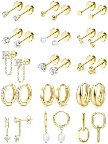 LOLIAS Flat Back Earrings for Women Hypoallergenic Surgical Steel Earrings for Sensitive Ears-20G Cartilage Earring Stacks 14K Gold Plated Hoops Flatback Stud Earring Sets for Multiple Piercing