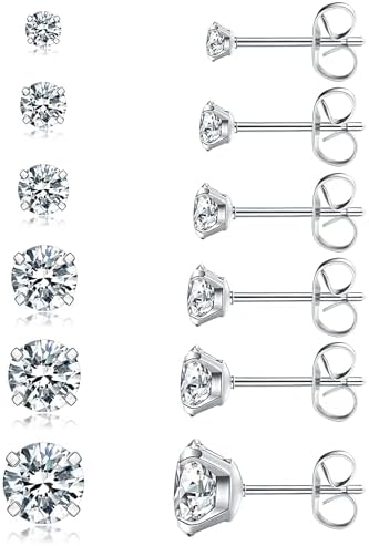 6 Pairs Stud Earrings Set, Hypoallergenic Cubic Zirconia 316L Earrings Stainless Steel CZ Earrings 3-8mm (Steel color)