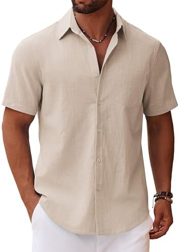 COOFANDY Men's Button Down Short Sleeve Shirt Casual Cotton Summer Beach Linen Wedding Shirts with Pocket