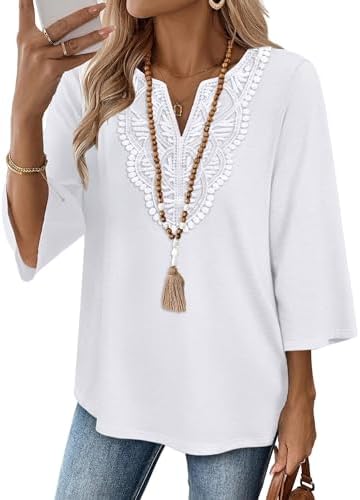 WIHOLL 3/4 Length Sleeve Womens Tops Boho V Neck Lace Shirt Trendy Blouses Dressy Casual Vacation Clothes S-3XL