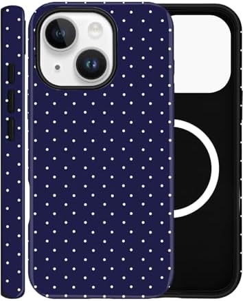 Magnetic Case for iPhone 15, Compatible with MagSafe, Aesthetic Polka Dot Cute Design for Women, Hybrid 2-Layer Hard Shell Phone Cover, Blue
