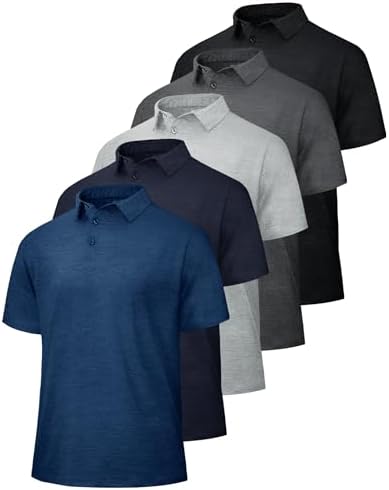 5 Pack Polo Shirts for Men - Quick Dry Moisture Wicking Performance Short Sleeve Mens Golf Shirts for Work Athletic