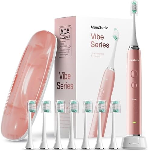 Aquasonic Vibe Series Ultra-Whitening Toothbrush – ADA Accepted Electric Toothbrush - 8 Brush Heads & Travel Case – 40,000 VPM Motor & Wireless Charging - 4 Modes w Smart Timer – Satin Rose Gold