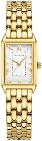 Gold Watches for Women with Vintage Rectangular Case,White Roman Dial,Stainless Steel Band,Adjustment Tool Included,Water Resistant