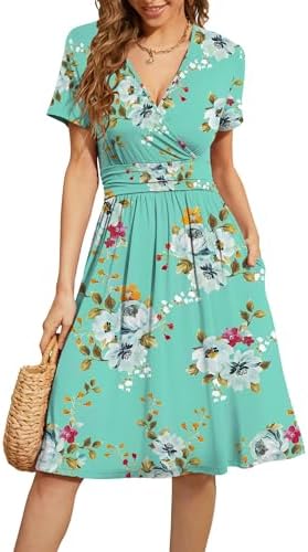 WEACZZY Women's Summer Short Sleeve Casual Dresses V-Neck Floral Party Dress with Pockets
