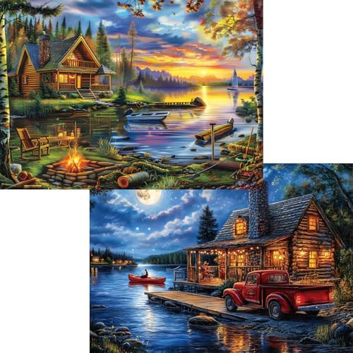 Puzzles for Adults 1000 Pieces, 2 Pack Lake and Night View Jigsaw Puzzles, Nature Theme, Challenging Puzzles for Game Night, Perfect for Nature Lovers