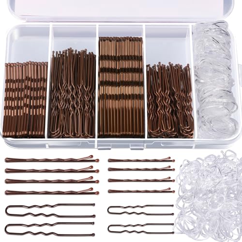 Teenitor 300pcs Bobby Pins Hair Pins Kit, 100 Hair Pin for Women 100 Bobby Pins Brown and 100 Hair Bands, Hair Pins for Buns 2inch 2.36inch 2.75inch