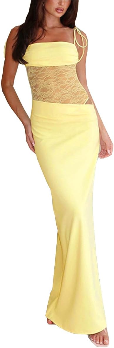 GRMLRPT Women Sexy Lace Patchwork Maxi Dress Spaghetti Straps Y2K Sheer Long Bodycon Club Cocktail Long Dresses