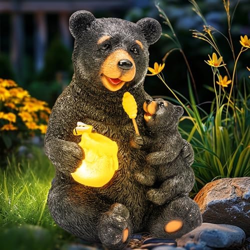 GIGALUMI Solar Garden Statues Bears 9", Loving Black Bear Decor, Yard Decorations Outdoor, Bear Figurine Lights for Outside, Garden Decor Unique Birthday Housewarming Gifts for Women, Mom
