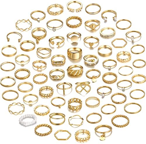 YEEZII 68 Pcs Gold Knuckle Rings Set for Women, Stackable Boho Joint Finger Midi Rings Silver Hollow Carved Crystal Stacking Ring Pack for Gift