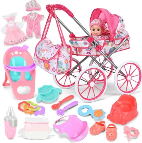 Baby Doll Stroller Toy Set with 12.5'' Doll and Accessories- 2 Doll Clothes, Diaper, Dining Chair, Pacifier, Storage Bag, Baby Doll Stroller Toys for Girls Toddlers 3-5 4-6 5-7 Gifts for Pretend Play