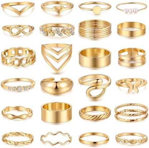iF YOU 25 Pcs Gold Stackable Ring Set for Women, Chunky Knuckle Finger Midi Rings, Silver Simple Stacking Cute Rings Pack Trendy Stuff Jewelry Gift
