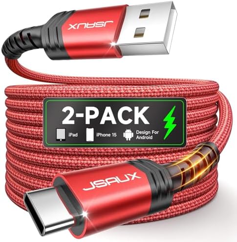 JSAUX USB C Cable [2-Pack 6.6ft], USB A to USB Cord Fast Charging for iPhone 17e, iPhone 17, iPhone Air, iPhone 17 Pro Max, iPhone 16/iPhone 15 Series, Samsung S20 S10, Note 20 10, Car Play - Red