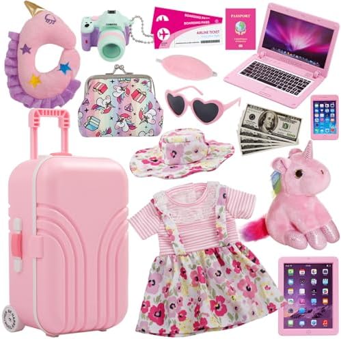 18 Inch Doll Suitcase Travel Luggage Play Accessories, Doll Clothes Accessories Carrier Storage Set, Case, Hat, Sunglasses, Camera, Pillow, Toy Pet