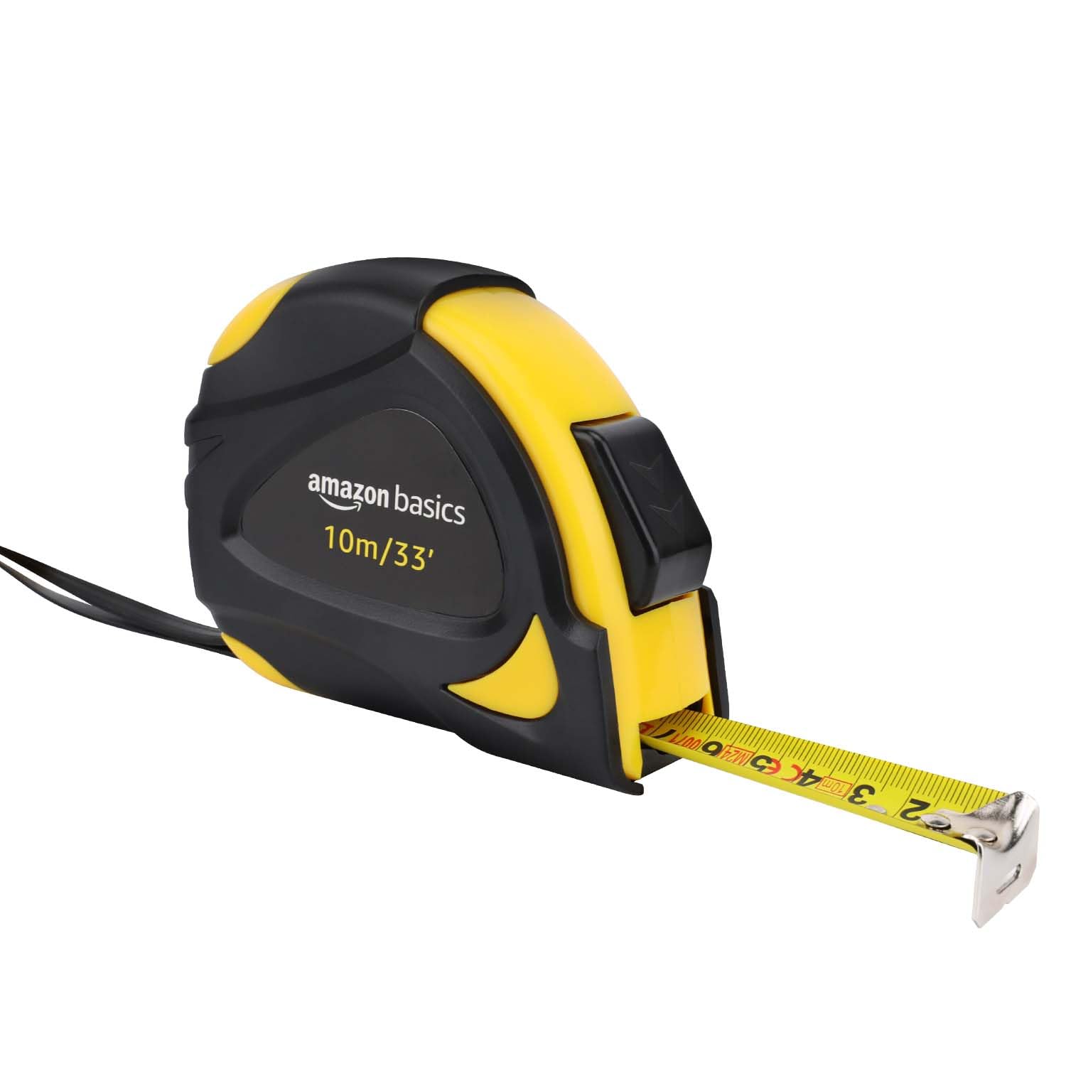 Amazon Basics Self-Locking Tape Measure with Belt Clip, 33 feet (10 m), Inch\/Metric Scale, MID Accuracy, Black, Yellow