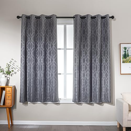 Amazon Basics Jacquard 2-Piece 100% Blackout Curtains, Living Room and Bedroom Drapes, Thermal Insulated Window Treatment, 52"x63", Grey