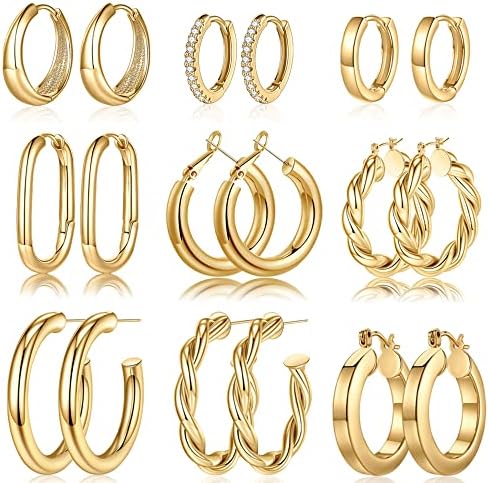 Yesteel 9 Pairs Gold Hoop Earrings for Women, 14K Real Gold Plated Chunky Hoop Earrings Set for Women Hypoallergenic Thick Lightweight Earring for Womens Jewelry Gifts