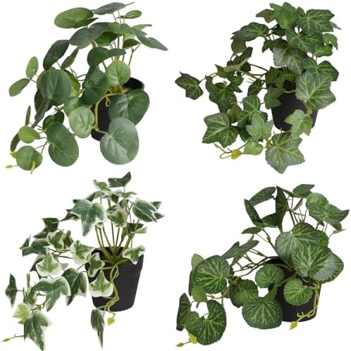 Yoratee Artificial Plants Set of 4 Fake Comosum Potted Plant with Black Pot Greenery Decor for Indoor Home Porch Garden Bathroom Décor