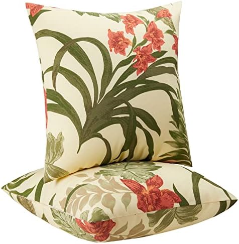 JMGBird Weather-Resistant Outdoor Pillows Set of 2, 18x18 inch Durable Red Flowers Yellow Background Throw Pillows with Inserts for Patio Furniture