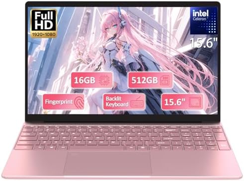 15.6“ Rose Gold Laptop with Backlit Keyboard and Fingerprint Reader,16GB RAM 512GB NVMe SSD,Webcam,WiFi 5,BT 4.2,HDMI,USB,Cheap Laptops Computer for Work School Home Office Professional Use