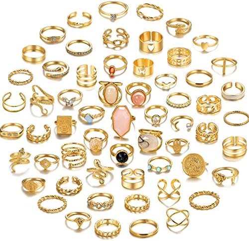 17KM 60 Pcs Gold Stacks Ring Sets for Women Non Tarnish, Dainty Vintage Stackable Rings Pack, Finger Midi Knuckle Rings for Jewelry Gift