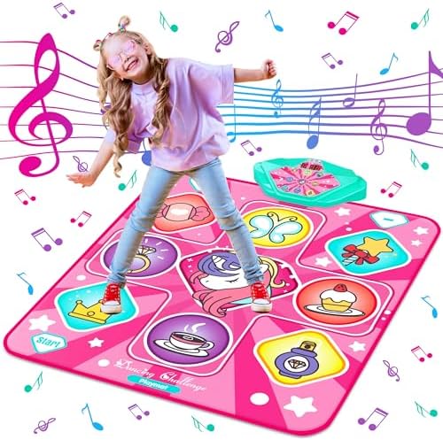 Kusntin Dance Mat, Dance Mixer Rhythm Step Play Mat, Pink Dance Pad with LED Lights, Adjustable Volume, Built-in Music, 5 Game Modes, Xmas Birthday Gifts for 3-10 Years Girls Toys (Multicolor)