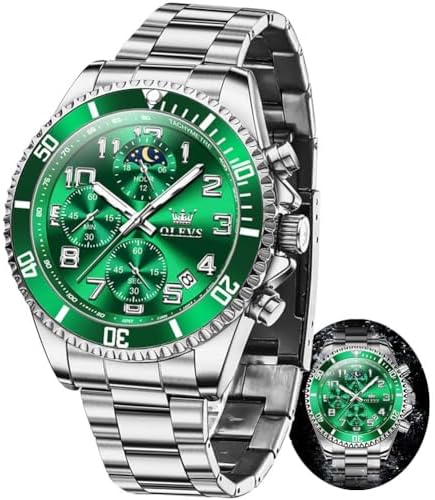 OLEVS Mens Watches Chronograph Watch Luxury Dress Stainless Steel Waterproof Watches for Men Moon Phase Luminous Business Calendar Wrist Watch Blue/Black/Green/Gold/Face
