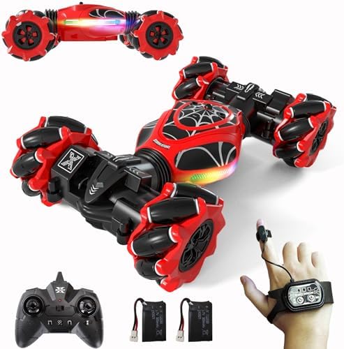 Gesture RC Car Red,1:24 High Speed 4WD Transform Stunt Car with Gesture & Remote Control, 360° Rotation Drift Vehicle with LED Lights Music, Racing Toy Cars Gift for Boys Girls Age 6-12