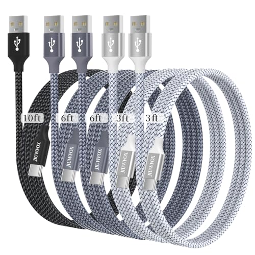 JIUWFOX USB to USB C Cable, (5-Pack, 3/3/6/6/10 ft) for iPhone 17 16 Charger Cord Fast Charging, for Samsung Galaxy S25 S24 S23 S22 A17 A16, Pixel 10 9