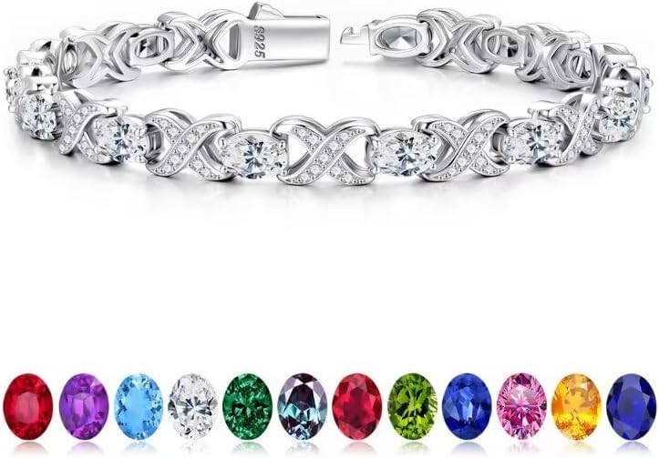 Iefil Tennis Bracelets for Women, Oval Birthstone Tennis Bracelets for Women Wife Unique X O Design Fine Jewelry Anniversary Birthday Gifts 925 Sterling Silver Birthstone Jewelry for Mom Girlfriend